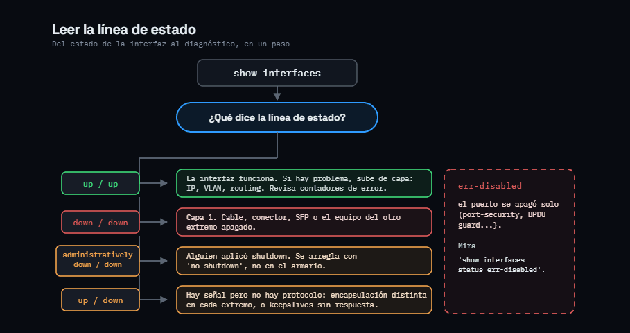 Árbol de decisión: qué significa cada combinación de estado de línea y protocolo de línea, y dónde mirar en cada caso